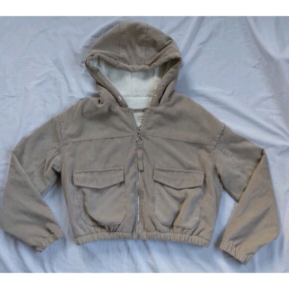 Ashley 26 International Khaki Corduroy Jacket Sherpa Hooded Cropped Size Large - Picture 1 of 12